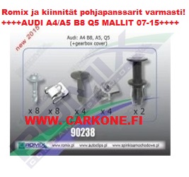 Pohjalevyn kiinnityssarja Audi A4 B8 | pohjapanssarit - kiinnityssarjat - sisälokasuojat | Koriosat edullisesti ja sujuvasti Carkone verkkokaupasta.
