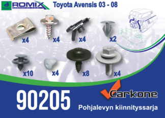Pohjalevyn kiinnityssarja Toyota Avensis T25 | pohjapanssarit - kiinnityssarjat - sisälokasuojat | Koriosat edullisesti suomalaisesta Carkone verkkokaupasta